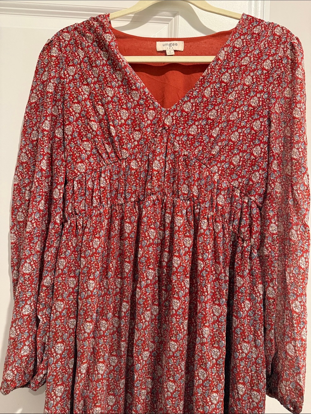 Umgee Red Floral V-Neck Tiered Dress
